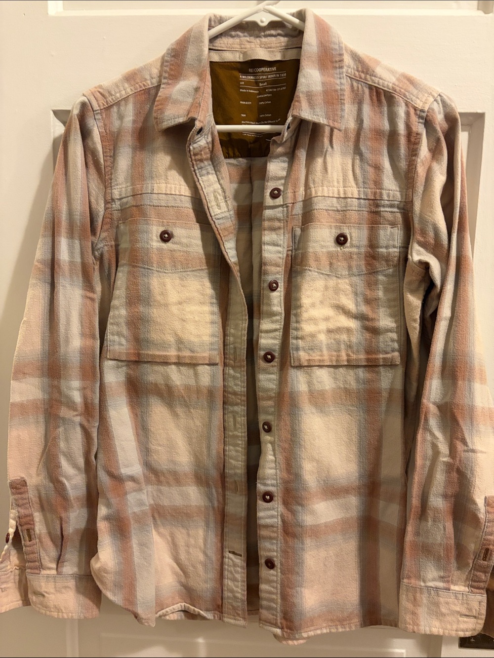REI Women's Cream and Brown Plaid Button-Down Shirt